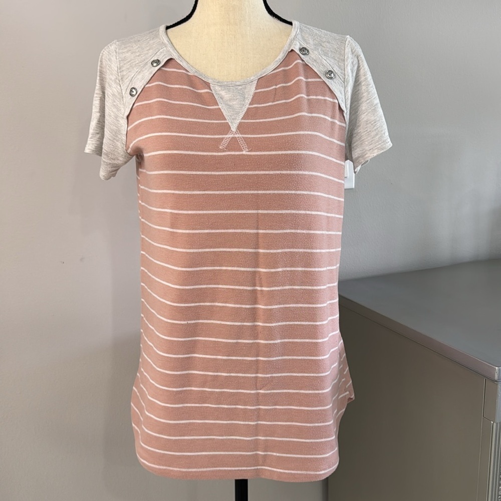 Staccato Grey and Blush Pink Striped Tee Shirt with Button Details. Sz S